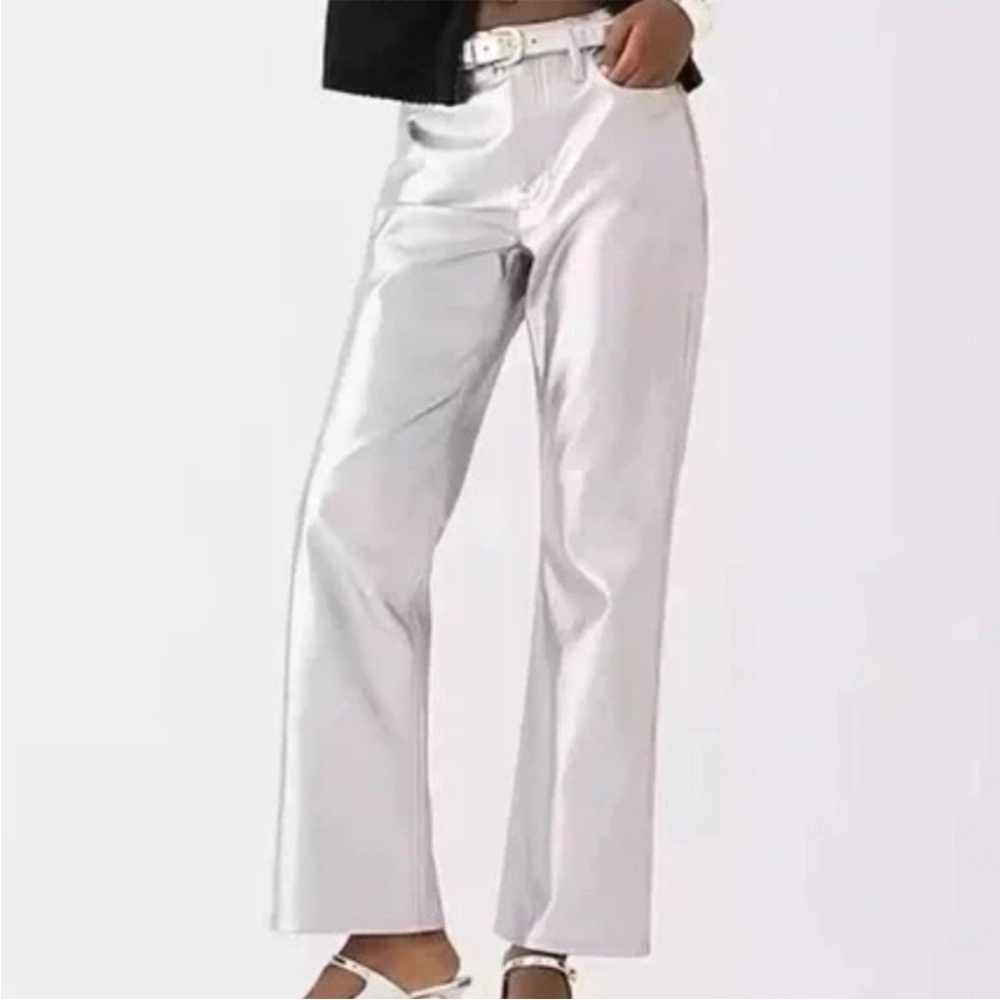 NWT J. Crew Full Length Demi Boot Faux Leather Pants Silver Size 29